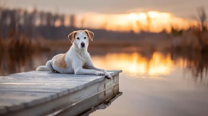Lakeside Serenity: A loyal canine enjoys a moment of calm, resting contentedly on a wooden pier, with a serene lake and breathtaking scenery framing the peaceful moment.