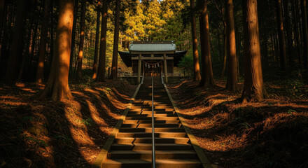 A serene view of a traditional Japanese shrine nestled deep within a sunlit forest.