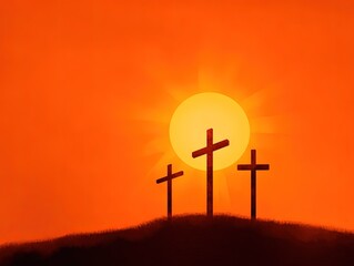 Three Crosses on Orange Sunrise Background, Easter Symbolism of Hope, Flat Vector Illustration