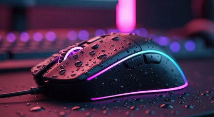 Water droplets on black gaming mouse with vibrant neon backlight
