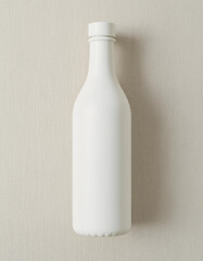 White plastic bottle on a textured beige background with copy space
