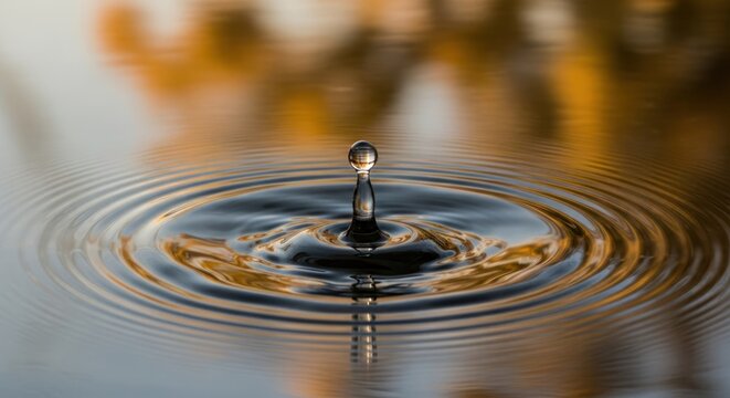 Water drop impact creates ripples in a golden, reflective surface