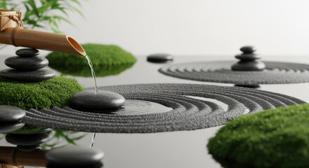 Zen garden with water flowing from a bamboo spout onto smooth stones, surrounded by moss and raked sand.