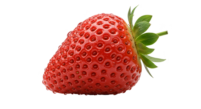 Isolated Photo Of A Red Strawberry With Green Stem And Leaves