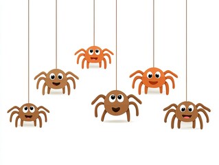 Cute cartoon brown spiders hanging from ceiling, vector clipart with simple shapes, white background