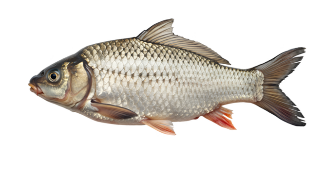 Isolated photo of a silver fish with detailed scales and red fins - Powered by Adobe