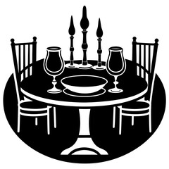 Illustration of a round table with a pedestal base and two chairs with dotted seats in black and white
