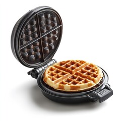 Close up of a round waffle in a black waffle maker with the lid open on a white background surface