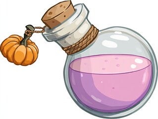 Cartoon alchemy potion bottle game icon with pink purple liquid and pumpkin charm, flat vector transparent background