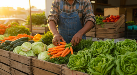 Farmer arranging vegetables at stand with carrots and lettuce on wooden crates outdoors, sustainable agriculture and local produce market