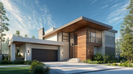 Modern Architectural Marvel: A captivating modern house design, boasting sleek lines, natural textures, and a harmonious blend with the lush surroundings.