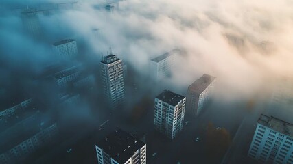 City buildings emerging from thick morning fog - Powered by Adobe