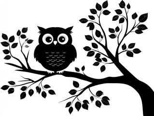 Cartoon owl on tree branch black silhouette, simple cute vector illustration with white outline and transparent background
