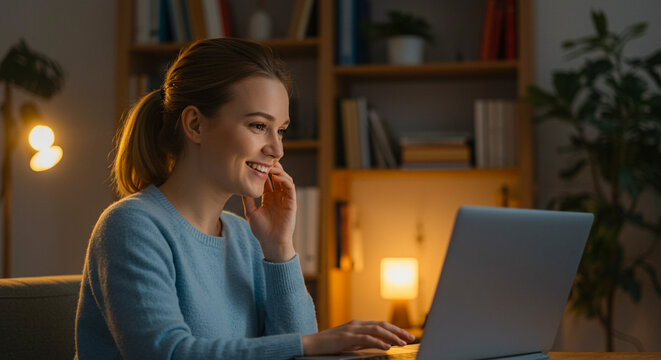 Person taking video call from home at night with laptop, remote communication and online work concept