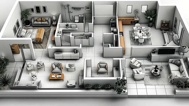 Isometric view of a spacious, modern apartment floor plan featuring multiple rooms, furniture, and minimalist design