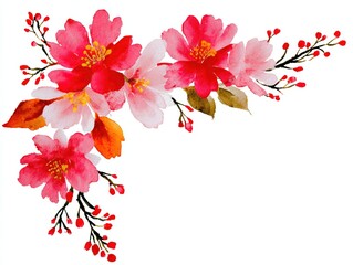 Watercolor Pink and Red Floral Corner Decoration with Transparent Background for Invitations and Web Design