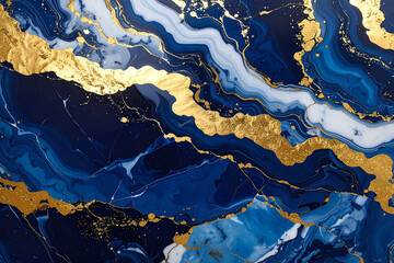 A striking, abstract fluid art texture featuring intense waves of navy and sapphire blue and white, dramatically intersected by chunky, cracked gold veins.