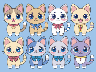 Naklejka premium Charming Array of Kawaii Cat Characters with Expressive Eyes and Playful Accessories Against a Soft Blue Background