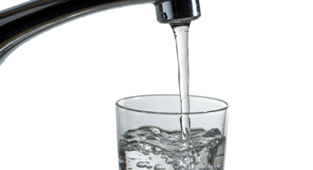 Isolated photo of clear water pouring into glass from chrome faucet