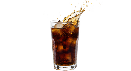 Isolated photo of cola splash in glass with ice cubes
