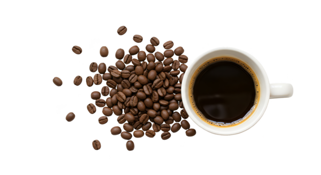 Isolated Photo Of Coffee Beans And White Cup With Dark Coffee