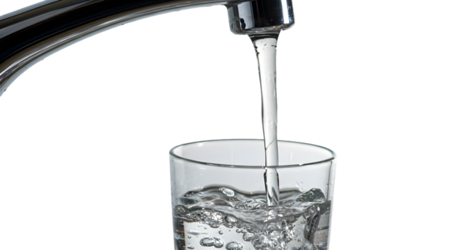 Isolated photo of clear water pouring into glass from chrome faucet