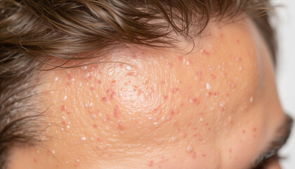 Fototapeta premium Young man with acne on forehead showing skin condition 