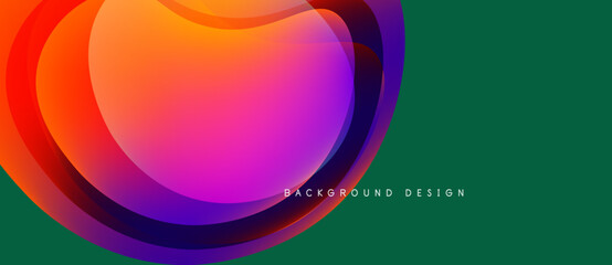 Abstract vibrant layers create dynamic composition. Colors blend, forming flowing shapes against dark green backdrop. Modern design element.