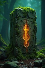 Ancient Runestone Eerie Moss-Covered Stone Pulsates with Inner Light, Hinting at Forgotten Lore and Monstrous Power