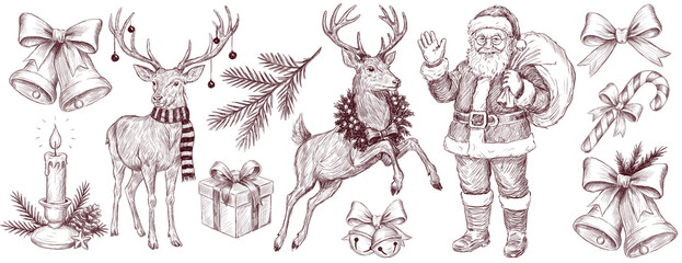 Vintage Christmas doodles set Freehand. Hand drawn New Year doodle. Christmases symbols. Winter holiday doodles with reindeer, santa, christmas deer, giftbox. Handwritten pencil sketch for design   © Julia