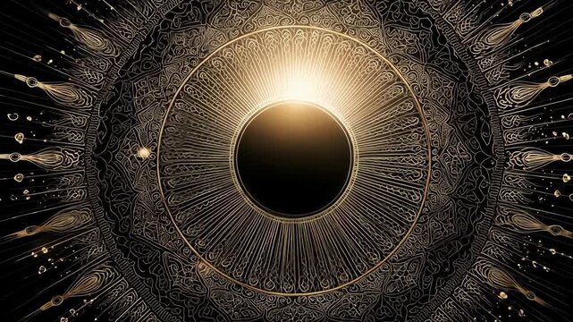 Ornate golden sunburst radiates with intricate mandala patterns on black.