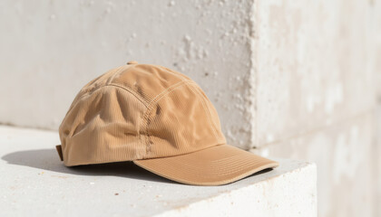 Casual brown baseball cap resting on textured white surface  