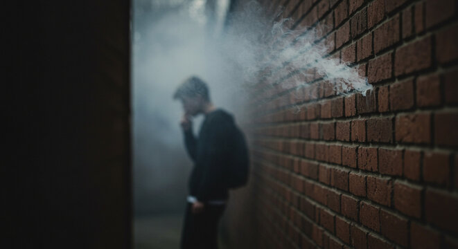 Teen smoking behind school near brick wall in urban alley, youth addiction and risk behavior awareness