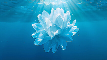 Underwater scene with blooming white lotus flowers and floating leaves in sunlight rays. Fantasy aquatic floral landscape with blue water. Nature and tranquility concept AI generated