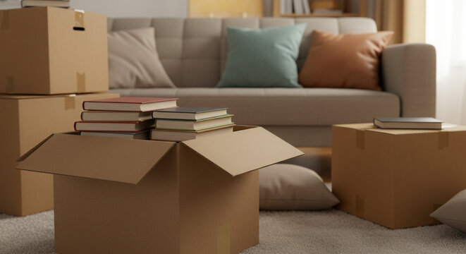 Cozy living room with unpacked moving boxes and books on floor, housewarming and relocation concept