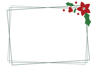 Obraz premium Horizontal square Christmas frame with empty space and green holly leaves, poinsettia flower, winter berries. Decorative element for design, card, invitation, sale.