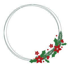 Christmas wreath with evergreen branche, poinsettia flowers, holly berries. Decorative element for design, card, invitation, sale.