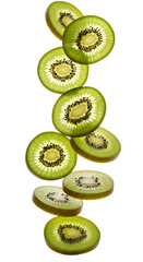 Isolated Photo of Fresh Kiwi Slices Falling with Translucent Glow