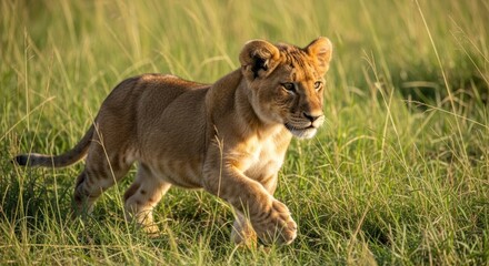 Obraz premium Young lion cub strides purposefully through tall green and golden grass, lit by sun