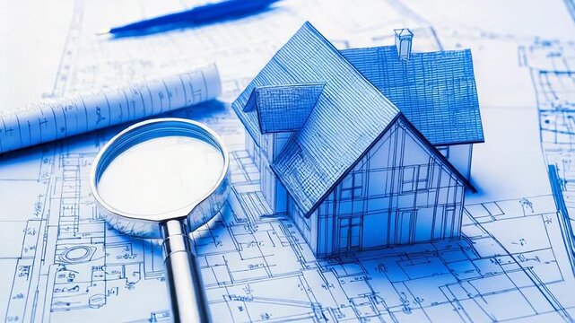 House model on blueprints with magnifying glass