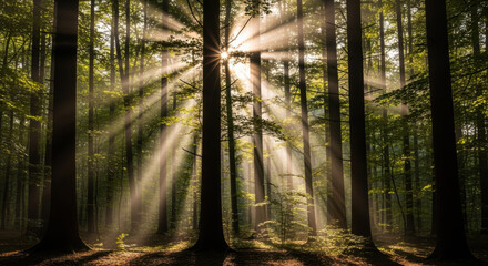 Sunlight streams through trees in a forest, creating a beautiful, ethereal light effect.