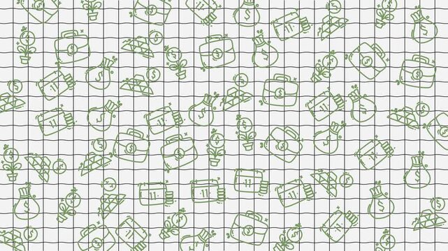 Doodle money pattern of bags and money plants on graph paper animation, perfect for business designs, stationery designs, creative projects, or interior design concepts.