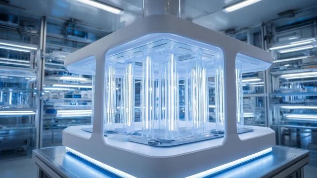 A blue-lit UV-C sterilization chamber in a laboratory cleanroom setting.