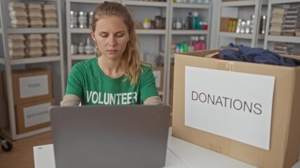 Focused woman uses laptop for typing in a warehouse surrounded by blonde young volunteer smiling near donations box at charity center. - Powered by Adobe