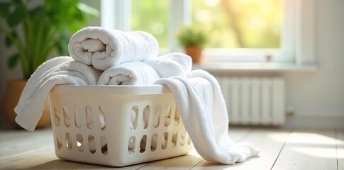 Sunlit Laundry Basket Overflowing with Fluffy Towels and Crisp Sheets Cleanliness, Comfort, and Home