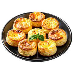 Fototapeta premium Cheese soufflé bites on a dark plate isolated white background