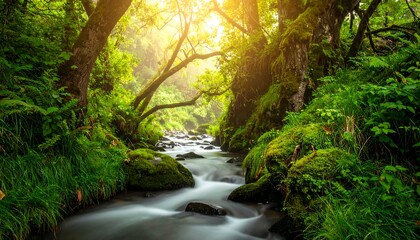 Serene forest scene with sunlit stream flowing through lush greenery