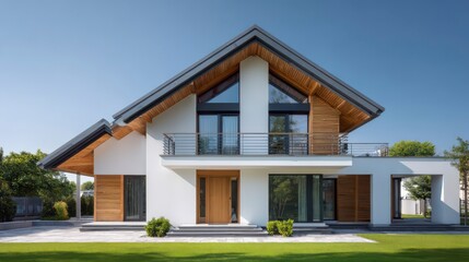 Modern Architectural Marvel: A captivating modern house with clean lines, large windows, and a beautifully landscaped front lawn, epitomizing contemporary design and comfortable living.