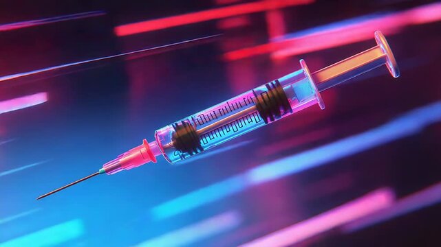 Syringe containing medicine moving fast, health technology concept