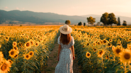 Fototapeta premium person standing in vast sunflower field